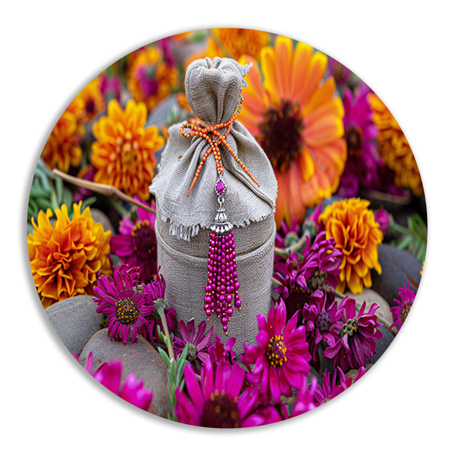 Paarse bloemen met tas forex muurcirkel