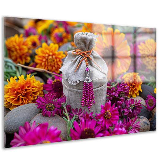 Paarse bloemen met tas acrylglas
