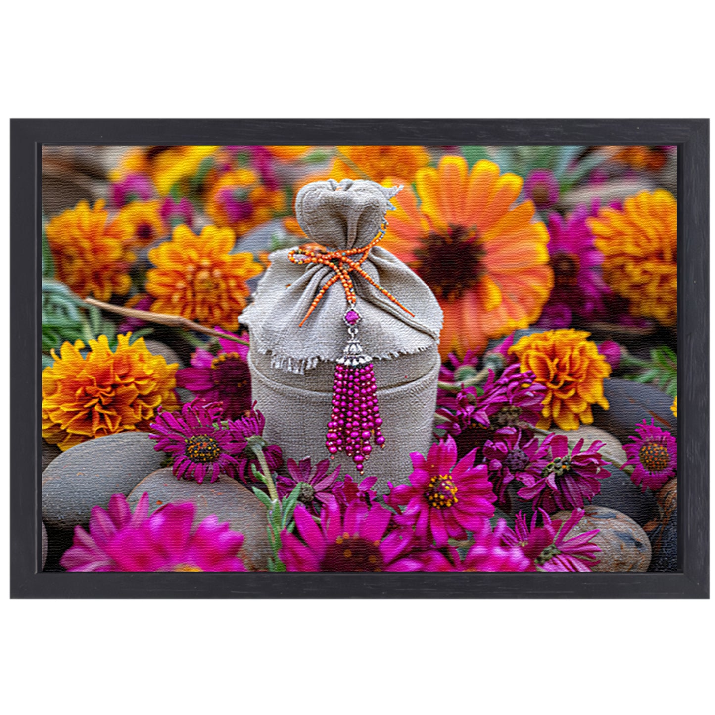 Paarse bloemen met tas canvas met baklijst