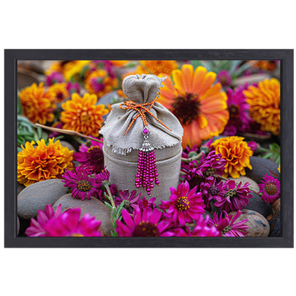 Paarse bloemen met tas canvas met baklijst