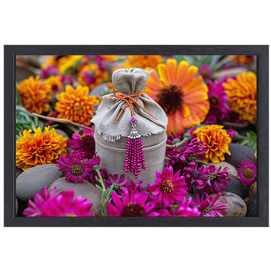Paarse bloemen met tas canvas met baklijst