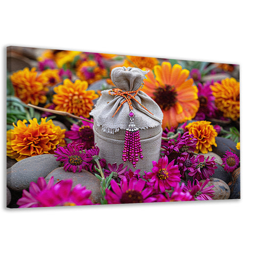 Paarse bloemen met tas canvas