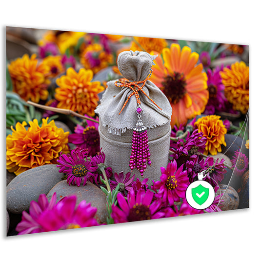 Paarse bloemen met tas poster