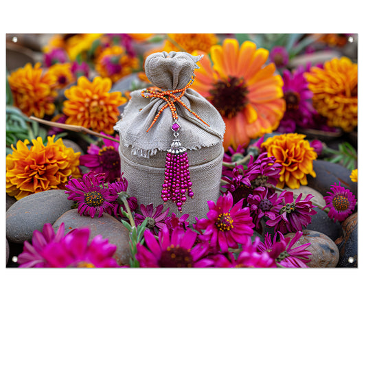 Paarse bloemen met tas tuinposter