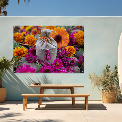 Paarse bloemen met tas tuinposter