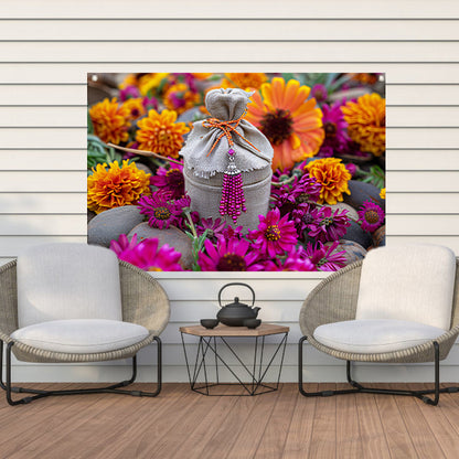 Paarse bloemen met tas tuinposter