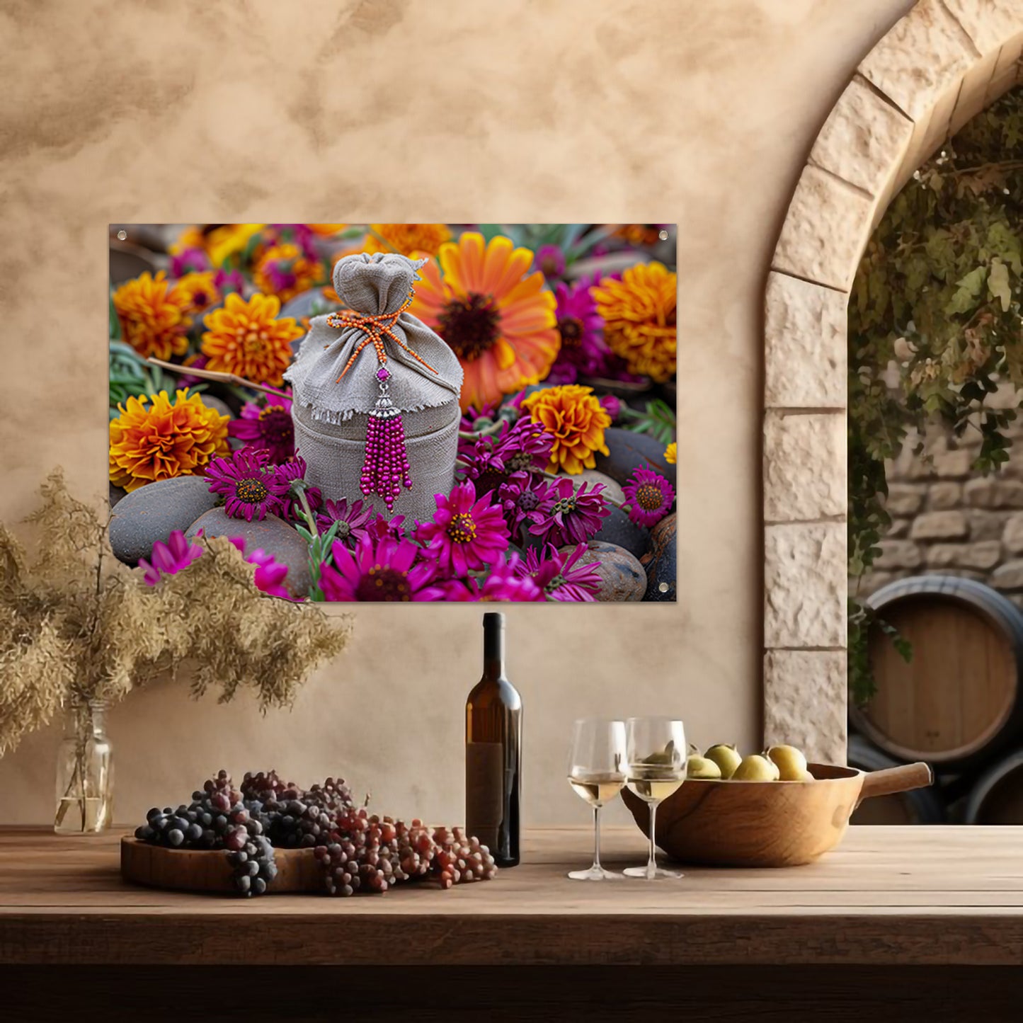 Paarse bloemen met tas tuinposter