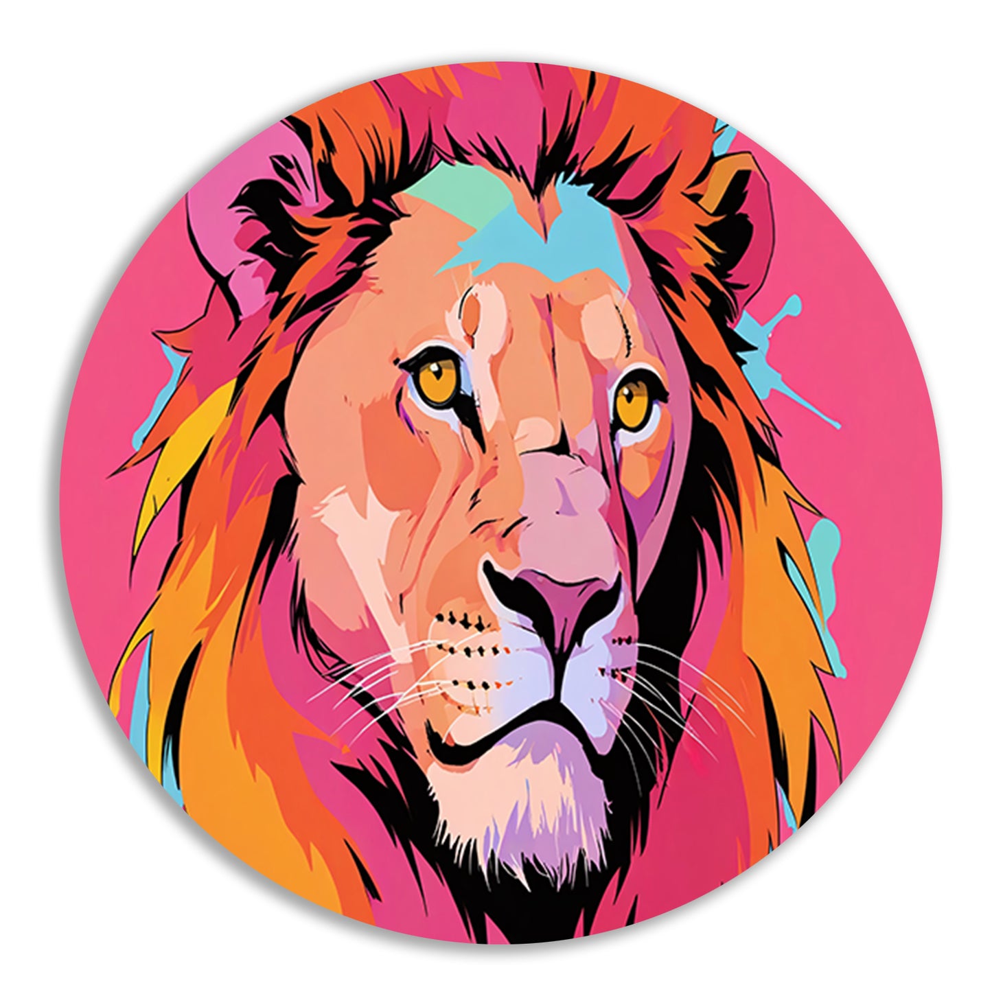 Kleurrijke Pop Art Leeuw op Roze Achtergrond aluminium muurcirkel