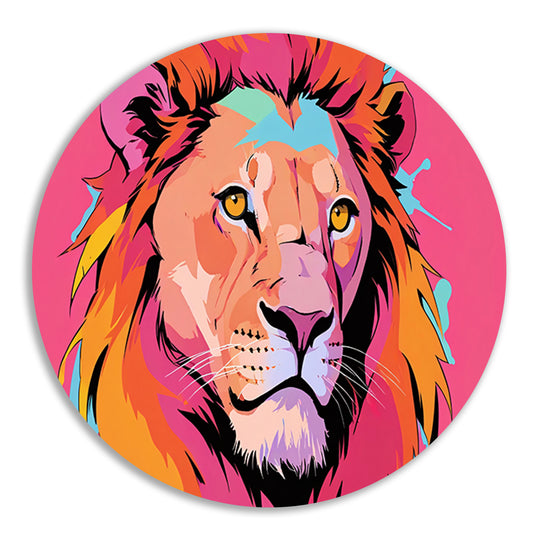 Kleurrijke Pop Art Leeuw op Roze Achtergrond aluminium muurcirkel