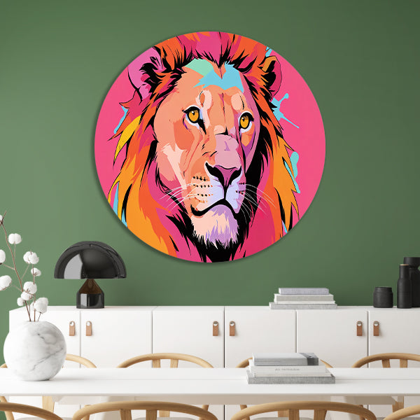 Kleurrijke Pop Art Leeuw op Roze Achtergrond aluminium muurcirkel