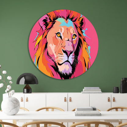 Kleurrijke Pop Art Leeuw op Roze Achtergrond aluminium muurcirkel