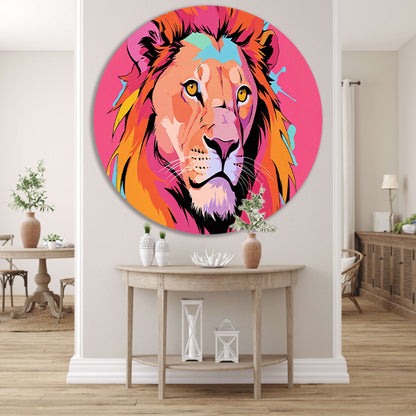 Kleurrijke Pop Art Leeuw op Roze Achtergrond aluminium muurcirkel