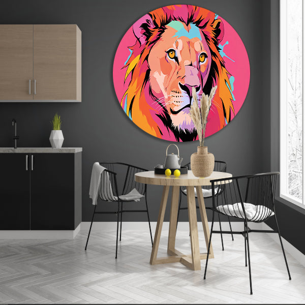 Kleurrijke Pop Art Leeuw op Roze Achtergrond aluminium muurcirkel
