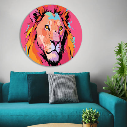 Kleurrijke Pop Art Leeuw op Roze Achtergrond aluminium muurcirkel