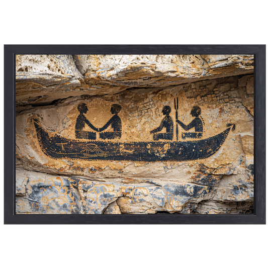 Prehistorische kano rotstekening in sepia canvas met baklijst