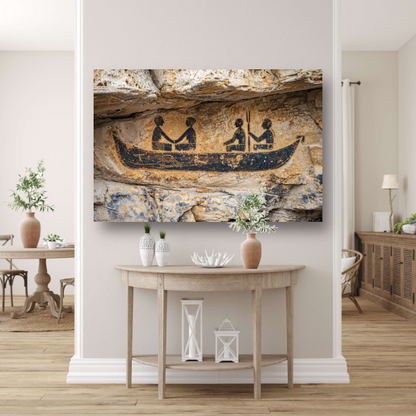 Prehistorische kano rotstekening in sepia canvas met baklijst