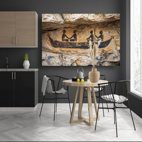 Prehistorische kano rotstekening in sepia canvas met baklijst
