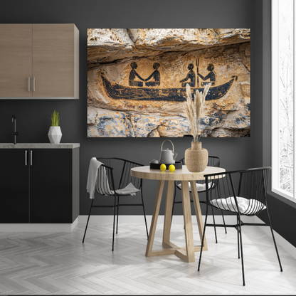 Prehistorische kano rotstekening in sepia canvas met baklijst