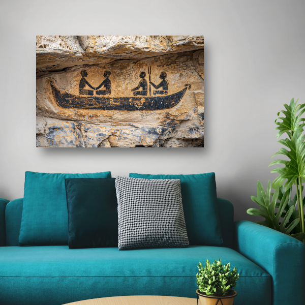 Prehistorische kano rotstekening in sepia canvas met baklijst