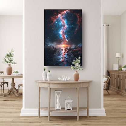 Kosmische rivier bij zonsondergang op buitenaardse planeet poster