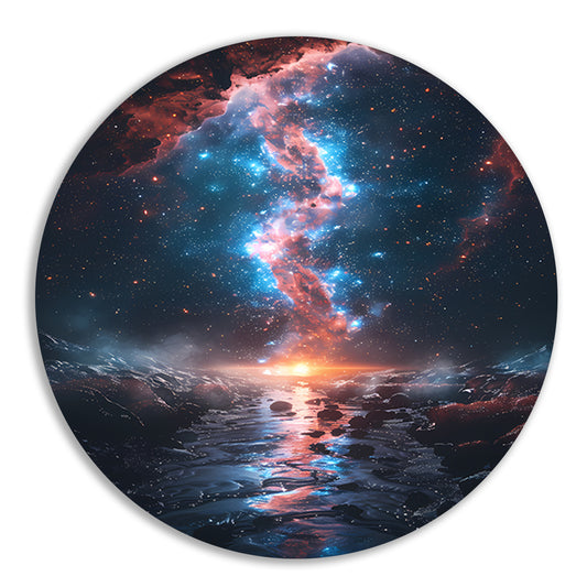 Kosmische rivier bij zonsondergang op buitenaardse planeet aluminium muurcirkel