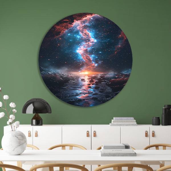 Kosmische rivier bij zonsondergang op buitenaardse planeet aluminium muurcirkel