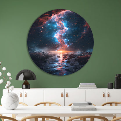 Kosmische rivier bij zonsondergang op buitenaardse planeet aluminium muurcirkel