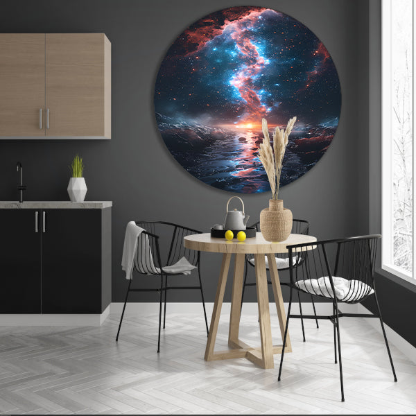 Kosmische rivier bij zonsondergang op buitenaardse planeet aluminium muurcirkel
