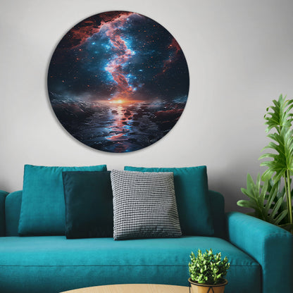 Kosmische rivier bij zonsondergang op buitenaardse planeet aluminium muurcirkel