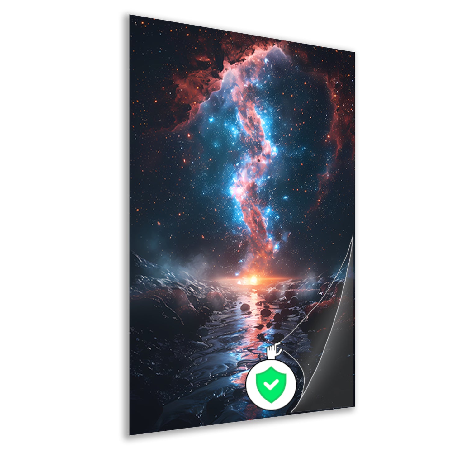 Kosmische rivier bij zonsondergang op buitenaardse planeet poster