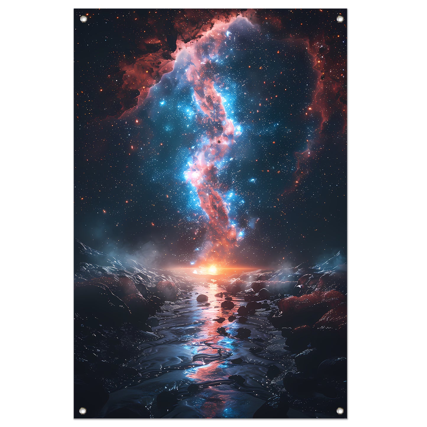 Kosmische rivier bij zonsondergang op buitenaardse planeet tuinposter