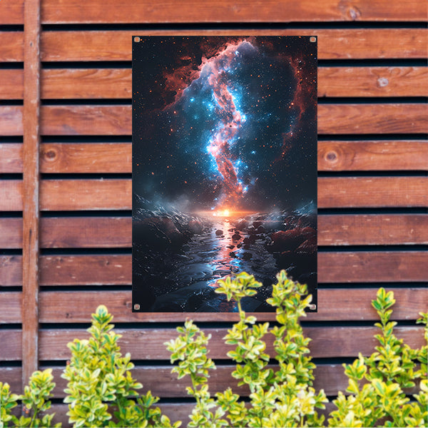Kosmische rivier bij zonsondergang op buitenaardse planeet tuinposter