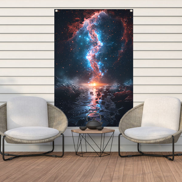 Kosmische rivier bij zonsondergang op buitenaardse planeet tuinposter