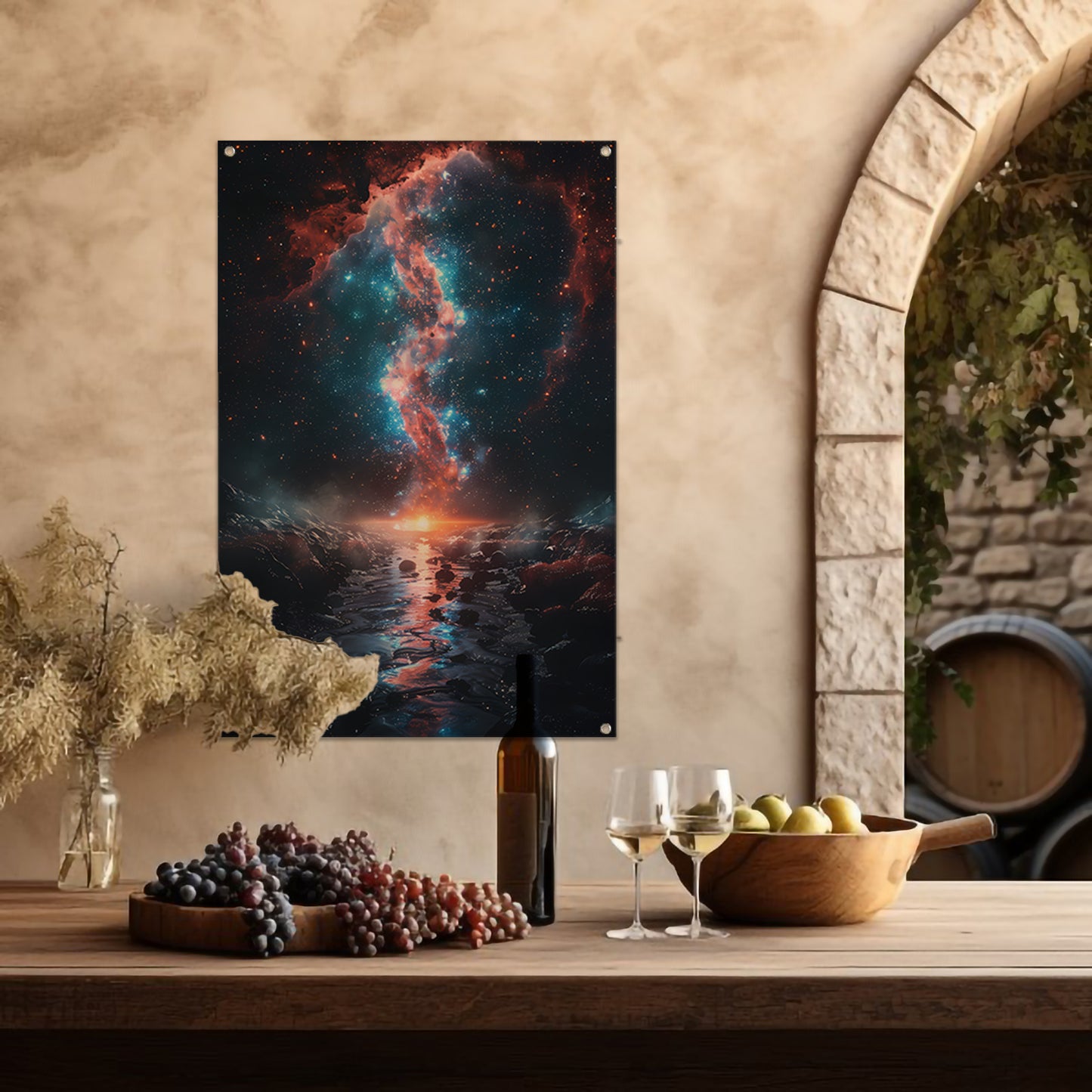 Kosmische rivier bij zonsondergang op buitenaardse planeet tuinposter