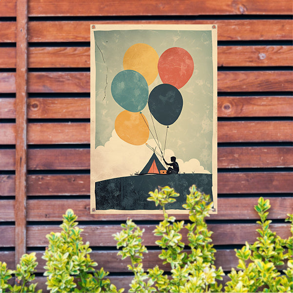 Eenzame kampeerder met ballonnen tuinposter