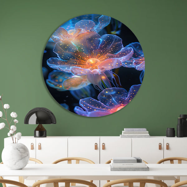 Digitale Kunst: Bloemen met Kosmische Gloed aluminium muurcirkel
