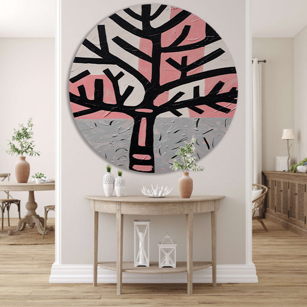 Abstracte boom met roze en zwarte accenten aluminium muurcirkel
