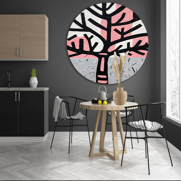 Abstracte boom met roze en zwarte accenten aluminium muurcirkel