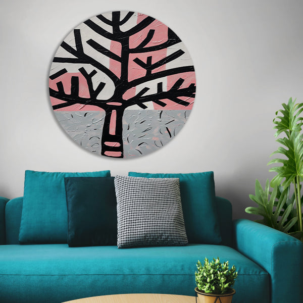 Abstracte boom met roze en zwarte accenten aluminium muurcirkel