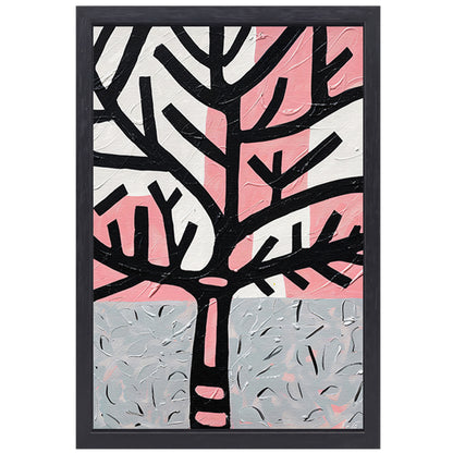 Abstracte boom met roze en zwarte accenten canvas met baklijst