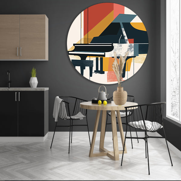 Abstract piano in primaire kleuren aluminium muurcirkel
