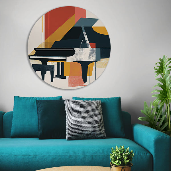 Abstract piano in primaire kleuren aluminium muurcirkel