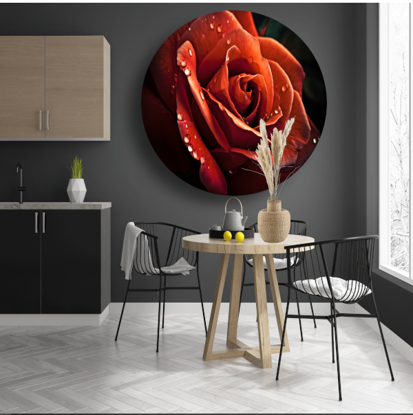 Rode roos met waterdruppels aluminium muurcirkel