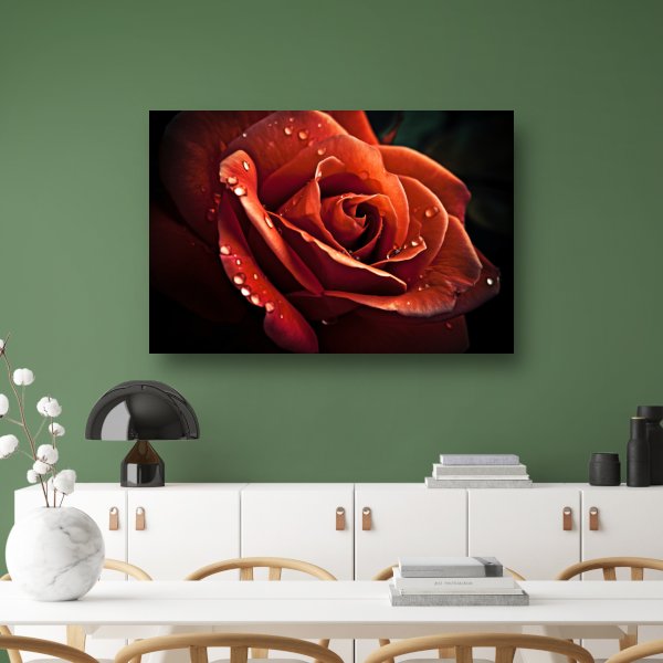 Rode roos met waterdruppels canvas met baklijst