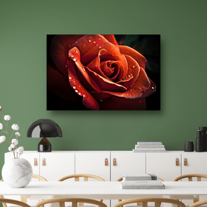 Rode roos met waterdruppels canvas met baklijst
