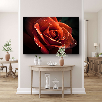 Rode roos met waterdruppels canvas met baklijst