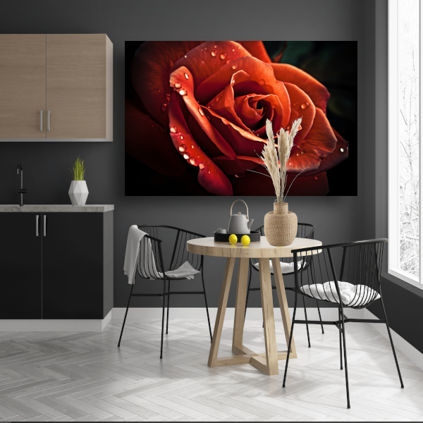 Rode roos met waterdruppels canvas met baklijst