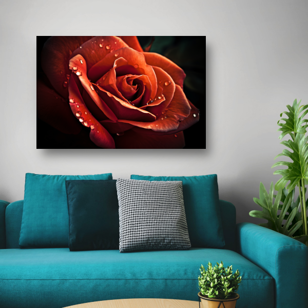 Rode roos met waterdruppels canvas met baklijst