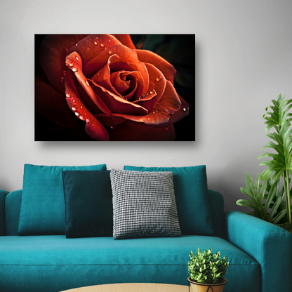Rode roos met waterdruppels canvas met baklijst