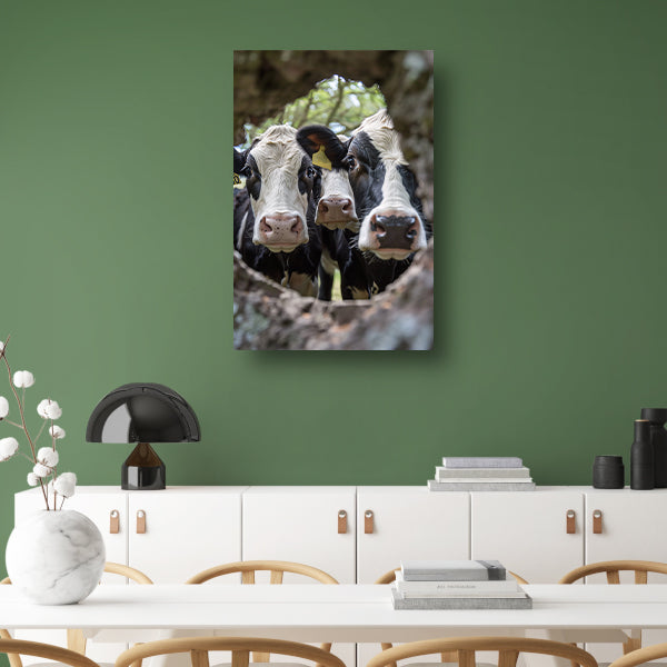 Twee nieuwsgierige koeien gluren door boom canvas